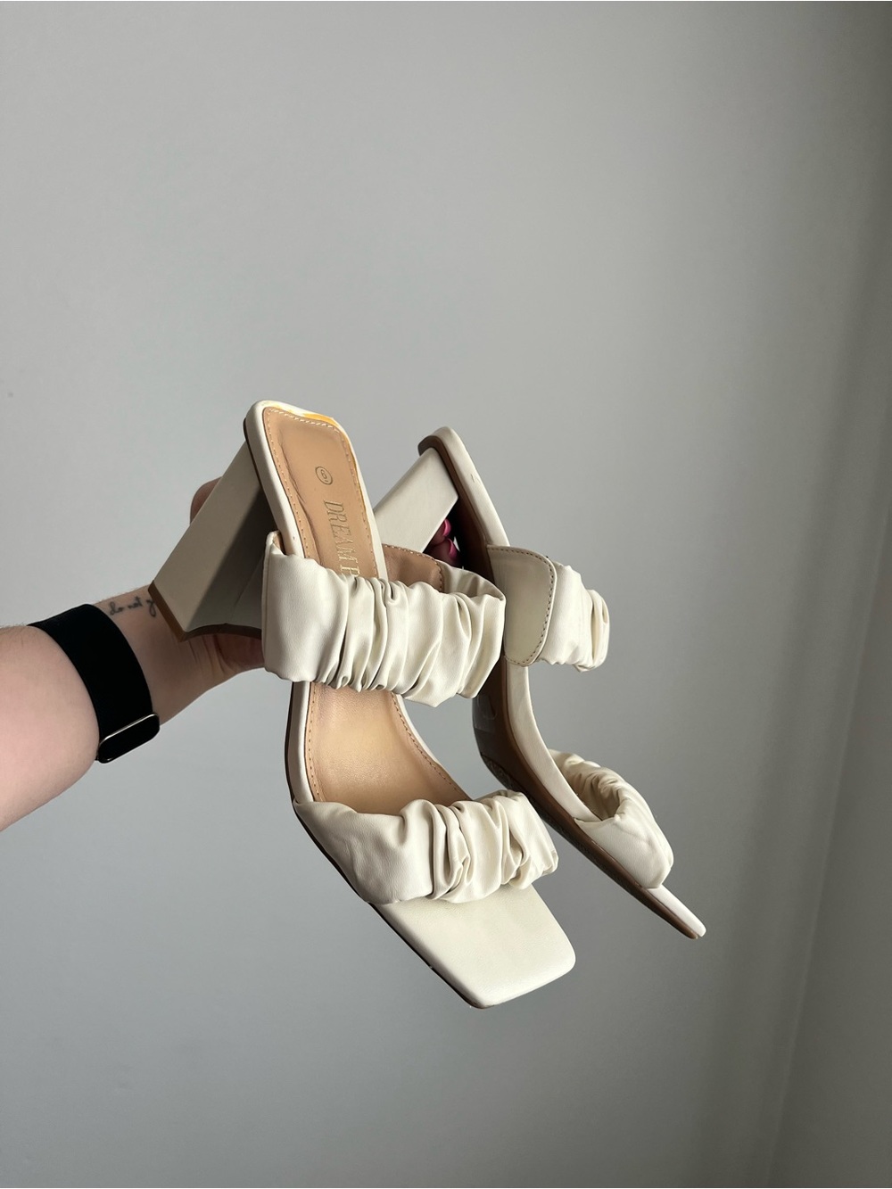 Cream Ruched Strap Block Heel Sandals